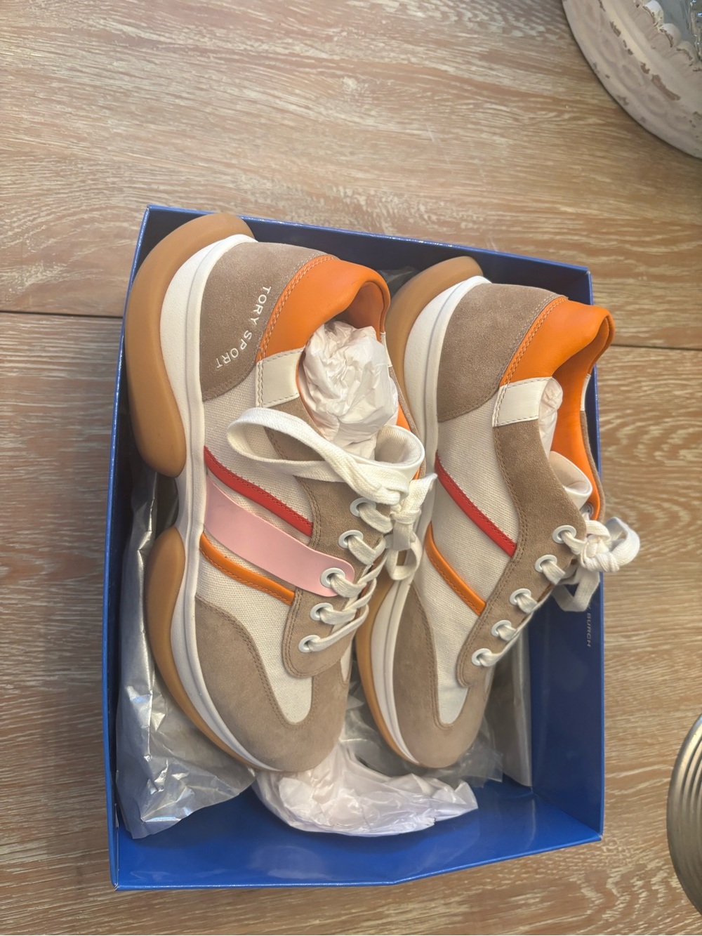 BNIB Tory Burch, Tory Sport Tan, Orange & Pink Mixed-Material Lace-Up Sneakers